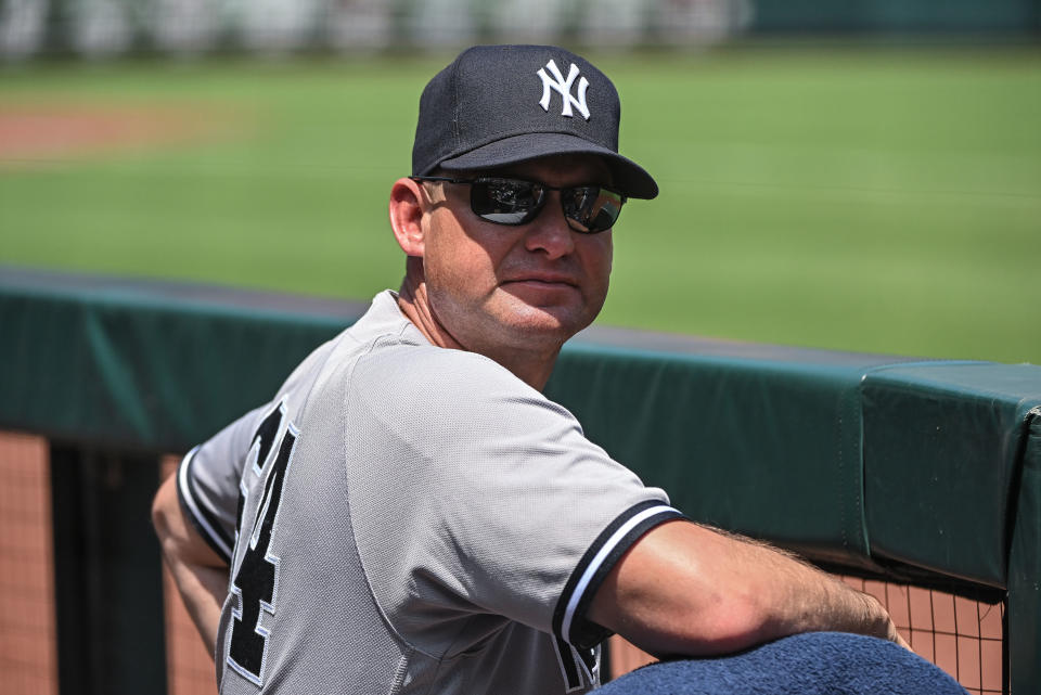 ST. LOUIS, MO - JUL 01: New York Yankees bench coach Carlos Mendoza (64) during game one of a doubleheader between the New York Yankees and the St. Louis Cardinals on July 01, 2023, at Busch Stadium in St. Louis MO (Photo by Rick Ulreich/Icon Sportswire via Getty Images)