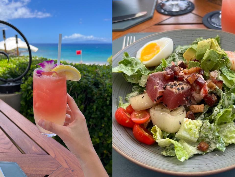 A split image showing a guava lemonade topped with a purple orchid (left), and a seafood Cobb salad (right).