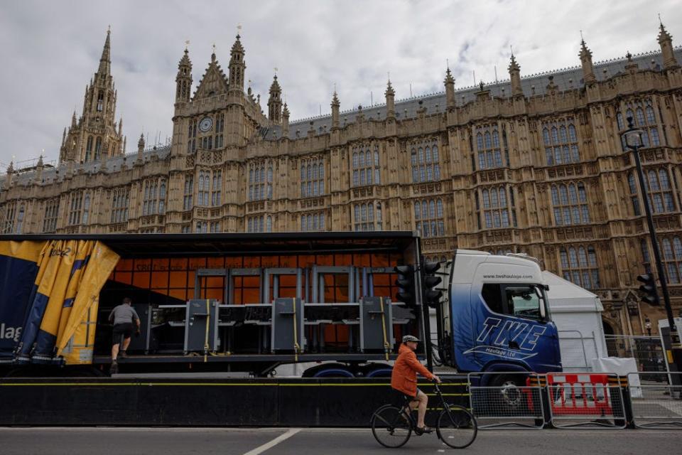 Security equipment loaded into a truck outside Parliament after Queen Elizabeth's funeral