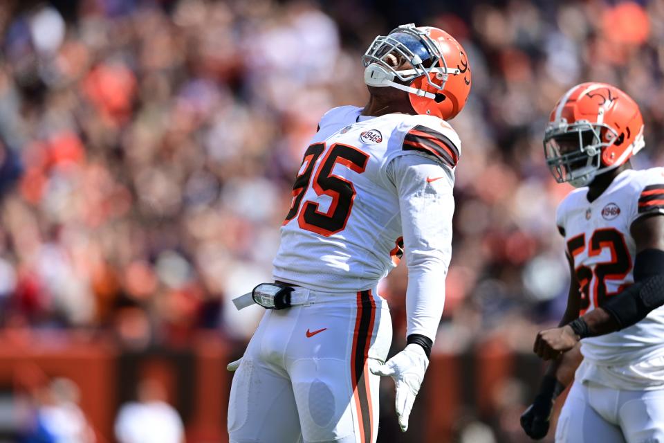 Browns defensive end Myles Garrett celebrates a sack during the first half against the Chicago Bears, Sunday, Sept. 26, 2021, in Cleveland. (AP Photo/David Dermer)