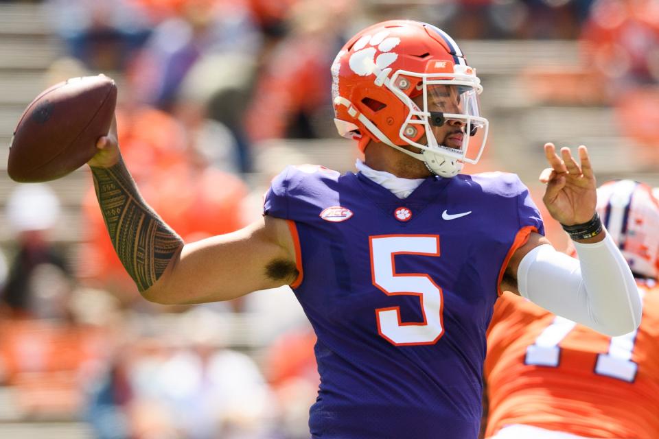 Clemson quarterback D.J. Uiagalelei throws the ball during the Tigers' annual spring game in April.