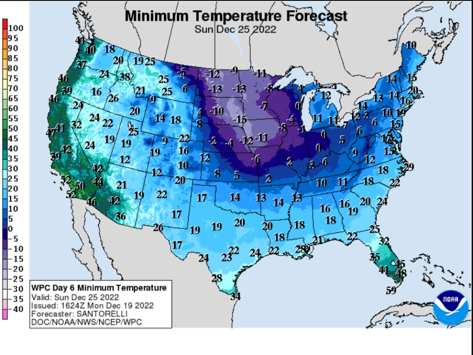 National Weather Service's midrange low temperature forecast shows the estimated low temperatures for Christmas morning 2022.