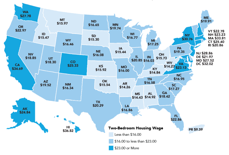 A map showing the hourly wage needed for a full time workers to afford a two bed rental at fair market rent.&nbsp; (Photo: National Low Income Housing Coalition)