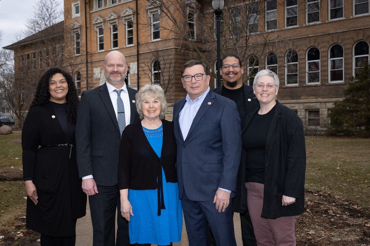 A $450,000 donation from Don and Judi Olson of Stevens Point will help reestablish the Museum of Natural History at the University of Wisconsin-Stevens Point. Pictured, from left, are Amanda Gilman, University Advancement; Joshua Hagen, College of Letters and Science; Judi and Don Olson; Will Broussard, University Advancement; and Brigid Ferkett, Olson Museum of Natural History.