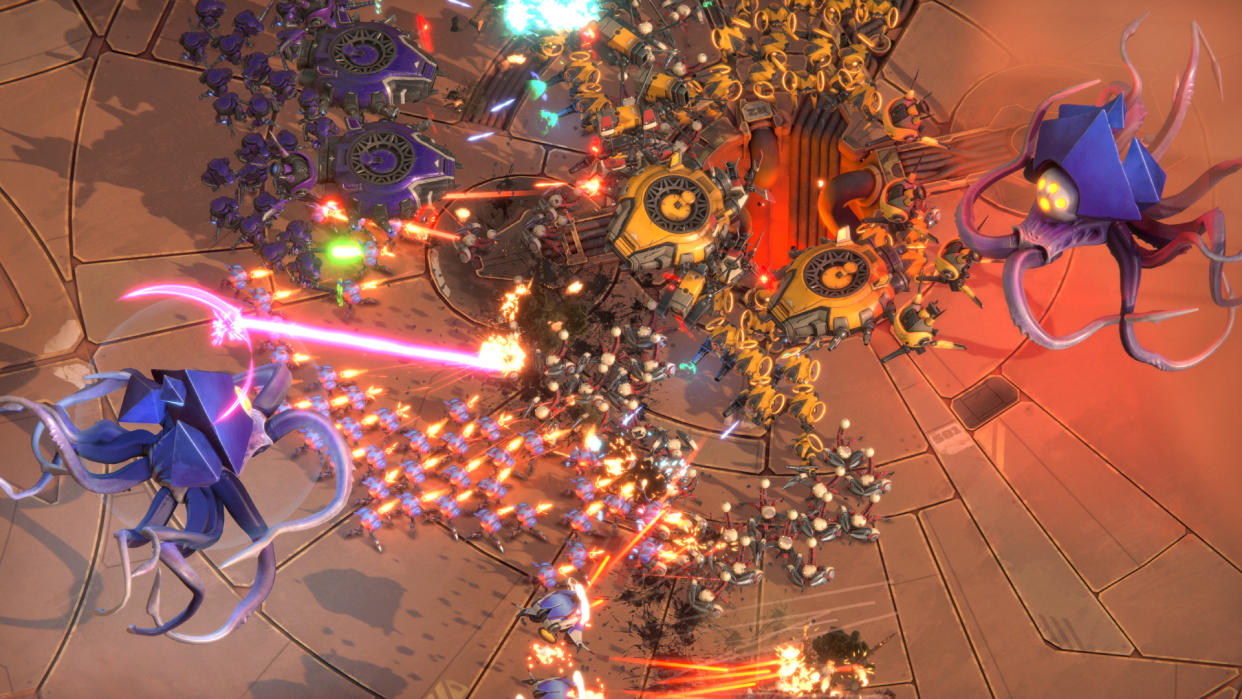  Robot armies clash beneath two large alien krakens in Battle Aces. 