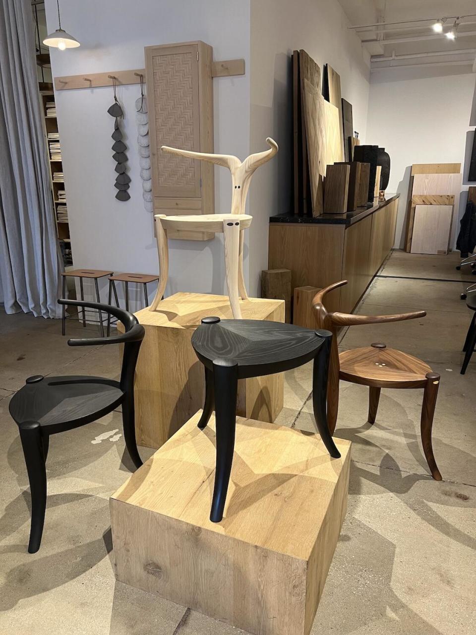 Jomo Tariku’s Nyala chairs in Natural Walnut, Ash Natural and Ash Black and Nyala stool in Ash Black at the Fair Design showroom 