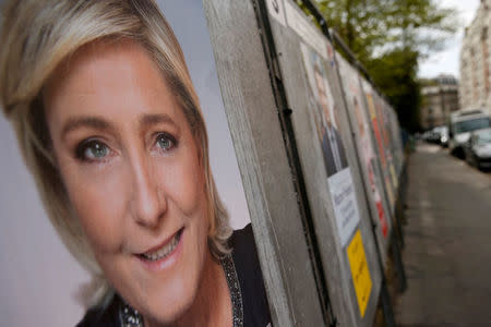 A campaign poster of Marine Le Pen, French National Front (FN) political party leader and one of the eleven candidates who runs in the 2017 French presidential election, is seen in Paris, France, April 10, 2017. REUTERS/Gonzalo Fuentes