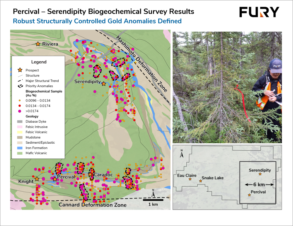 Figure 2: Plan view of the Percival to Serendipity Trend depicting the 10 gold targets identified through biogeochemical sampling and structural interpretation.