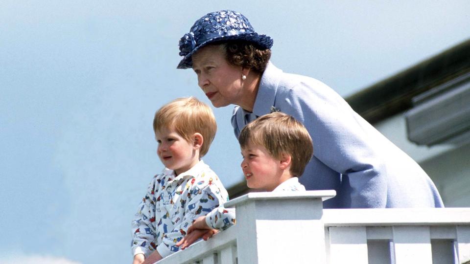 The Queen with a young Prince William and Harry