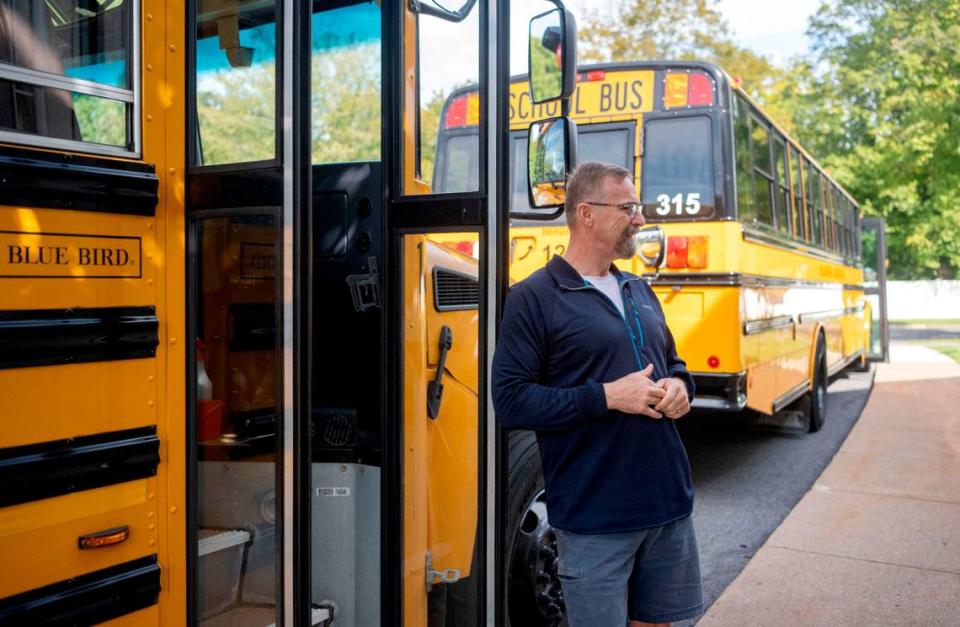 School bus driver Darrell Egolf waits for the students to come out of school on Friday, Sept. 22, 2023.