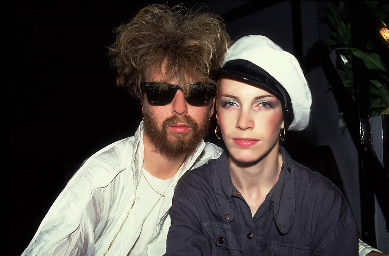 Backstage portrait of British musicians David A. Stewart (left) and  Annie Lennox of the Eurthymics at the Park West, Chicago, Illinois, July 29, 1986.  (Paul Natkin / Getty Images)