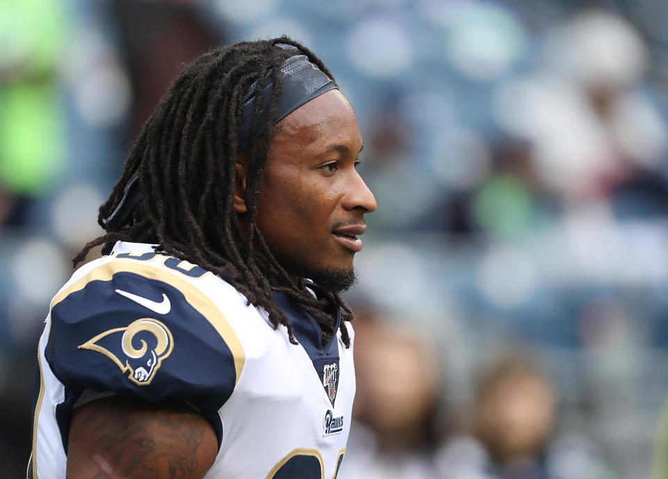 SEATTLE, WASHINGTON - OCTOBER 03: Running back Todd Gurley #30 of the Los Angeles Rams walks on the field before the game against the  Seattle Seahawks at CenturyLink Field on October 03, 2019 in Seattle, Washington. (Photo by Abbie Parr/Getty Images)