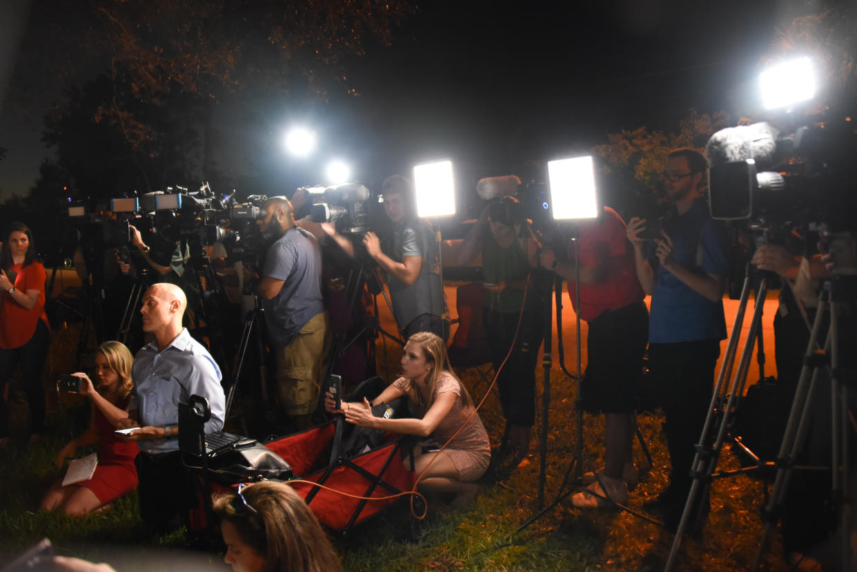 Members of the media attend a briefing at the Broward Health North Hospital, where victims of a Feb. 14 shooting at Marjory Stoneman Douglas High School in Parkland, Florida, were treated. (Photo: Michele Eve Sandberg/AFP/Getty Images)