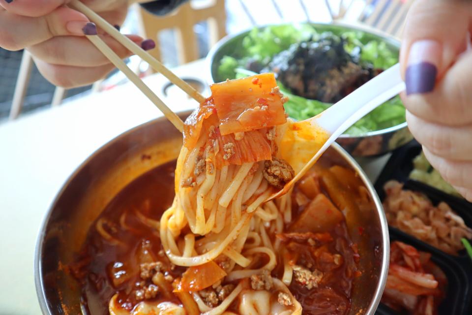 Wooga Bimbowl & Kal-guksu - kimchi noodles closeup