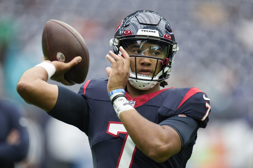 Houston Texans quarterback C.J. Stroud works out prior to an NFL preseason football game against the Miami Dolphins, Saturday, Aug. 19, 2023, in Houston. (AP Photo/Eric Christian Smith)