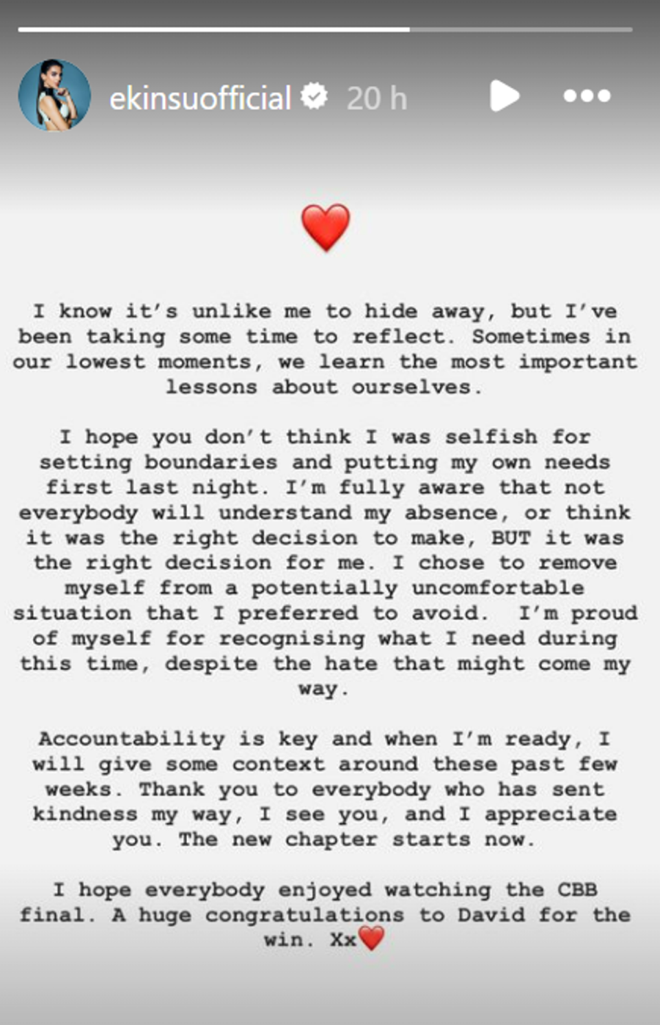 Ekin-Su issued a statement about missing the Celebrity Big Brother final on Instagram (Instagram / Ekin-Su)