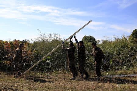 Hungarian army soldiers fix the poles of a new fence on the border with Croatia near Zakany, Hungary, October 1, 2015. REUTERS/Bernadett Szabo