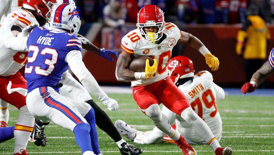 Kansas City Chiefs running back <a class="link " href="https://sports.yahoo.com/nfl/players/34207/" data-i13n="sec:content-canvas;subsec:anchor_text;elm:context_link" data-ylk="slk:Isiah Pacheco;sec:content-canvas;subsec:anchor_text;elm:context_link;itc:0">Isiah Pacheco</a>