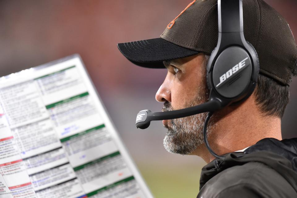 Cleveland Browns head coach Kevin Stefanski watches during the second half of an NFL football game against the Denver Broncos, Thursday, Oct. 21, 2021, in Cleveland. (AP Photo/David Richard)