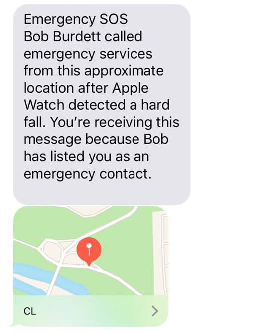 A screenshot of text message sent to the son of a man who fell unconscious while mountain biking. The text was sent from the injured man's Apple Watch.