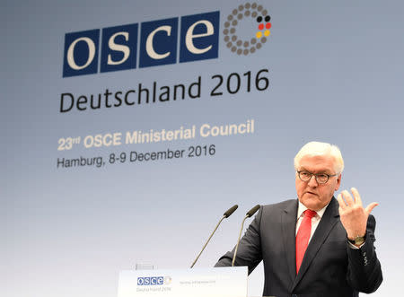 German Foreign Minister Frank-Walter Steinmeier and his Austrian counterpart Sebastian Kurz (not pictured) address media at the 23rd OSCE Ministerial Council organized by Germany's OSCE Chairmanship in Hamburg, Germany December 9, 2016. REUTERS/Fabian Bimmer