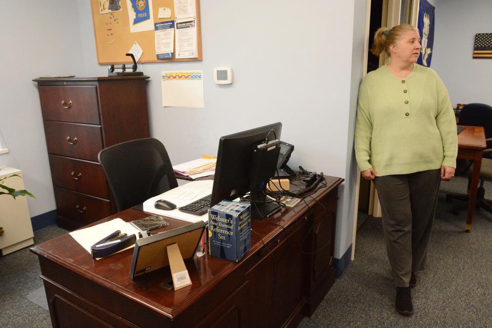Killingly Town Manager Mary Calorio in the Killingly Police Department offices at Killingly Town Hall. She will be on the interview panel for the new director of the Northeast District Department of Health.