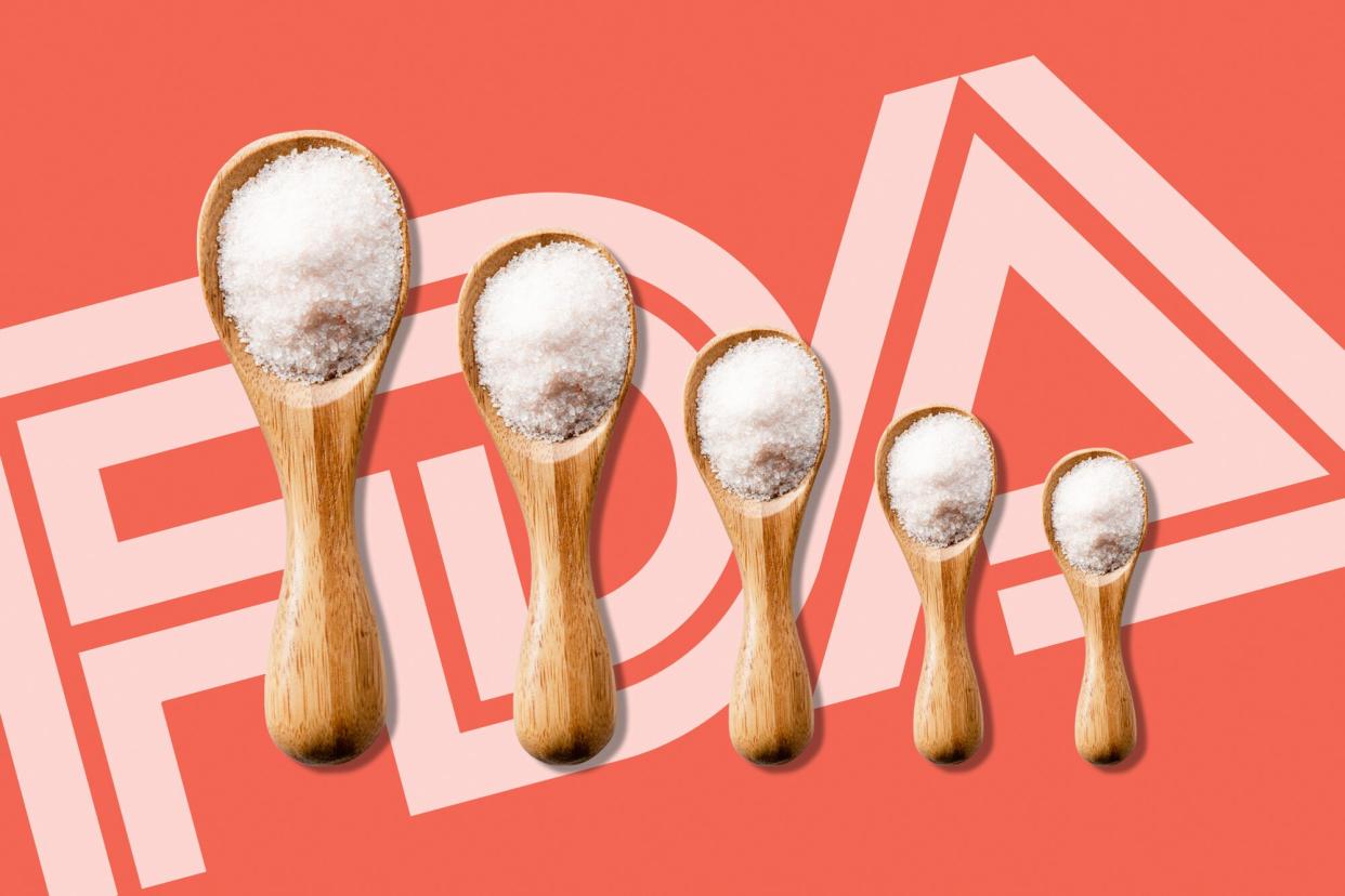 Spoons of salt in a descending order of size overlaid on a FDA logo