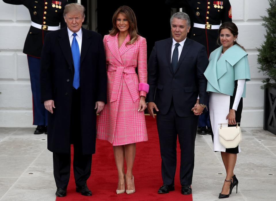 <p>Looking every bit a classic American First Lady, Mrs. Trump wore this bright 60s-inspired coatdress to meet the Colombian President and his wife in February 2019. </p>