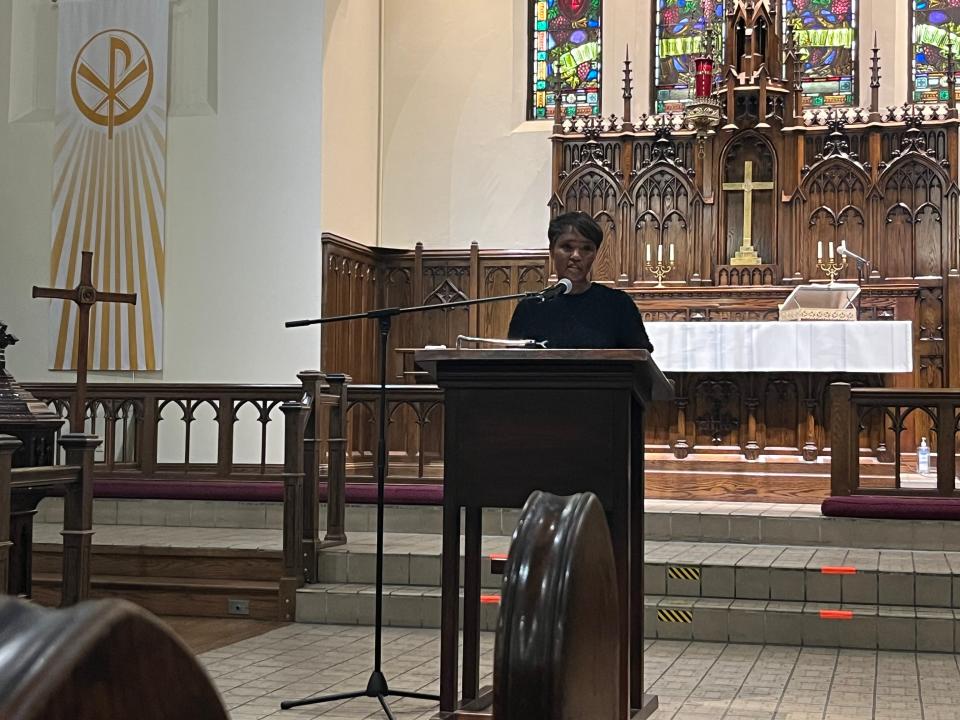 Shannon Isom, president and CEO of the Community Shelter Board, announces the results of the 2024 annual "point-in-time" count of those experiencing homelessness in Columbus and Franklin County on April 30, 2024 at First English Lutheran Church on the Near East Side.