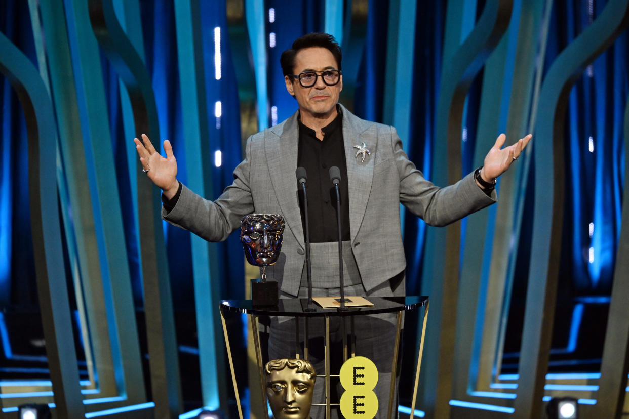 LONDON, ENGLAND - FEBRUARY 18: Robert Downey Jr. accepts the Supporting Actor Award for 'Oppenheimer' on stage during the EE BAFTA Film Awards 2024 at The Royal Festival Hall on February 18, 2024 in London, England. (Photo by Kate Green/BAFTA/Getty Images for BAFTA)