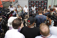 Cleveland Browns quarterback Deshaun Watson answers a question at the NFL football team's practice facility Tuesday, June 14, 2022, in Berea, Ohio. (AP Photo/Ron Schwane)