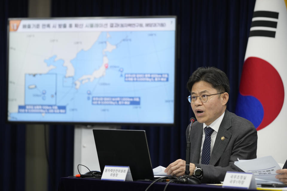 Yoo Guk-hee, chairperson of Nuclear Safety and Security Commission, speaks during a briefing at the government complex in Seoul, South Korea, Friday, July 7, 2023. South Korean government held the briefing to explain the result of its review of Japan's treated radioactive water discharge plan and said the plan meets international standard if carried out as planned. (AP Photo/Lee Jin-man)