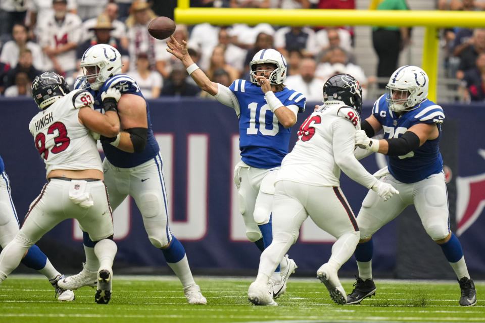 Indianapolis Colts quarterback Gardner Minshew II (10) throws against the Houston Texans in the first half of an NFL football game in Houston, Sunday, Sept. 17, 2023. (AP Photo/Eric Christian Smith)