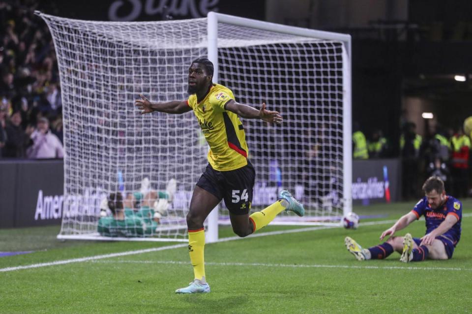 Tobi Adeyemo celebrates his goal against Blackpool last season <i>(Image: PA)</i>