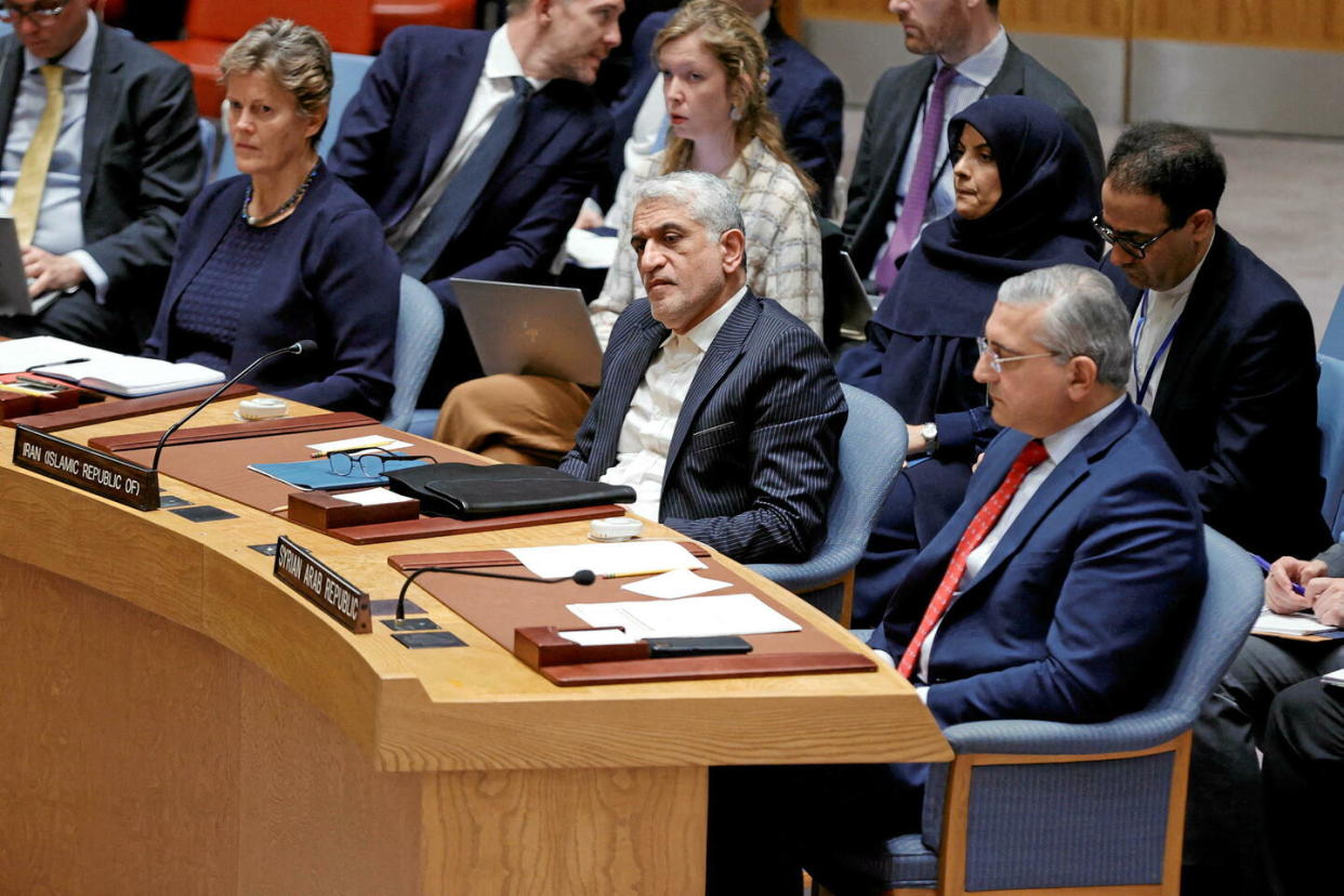 Amir Saeid Iravani, représentant permanent de la République islamique d'Iran, lors d'une réunion spéciale du Conseil de sécurité sur la situation au Moyen-Orient dimanche 14 avril.  - Credit:DPA/ABACA