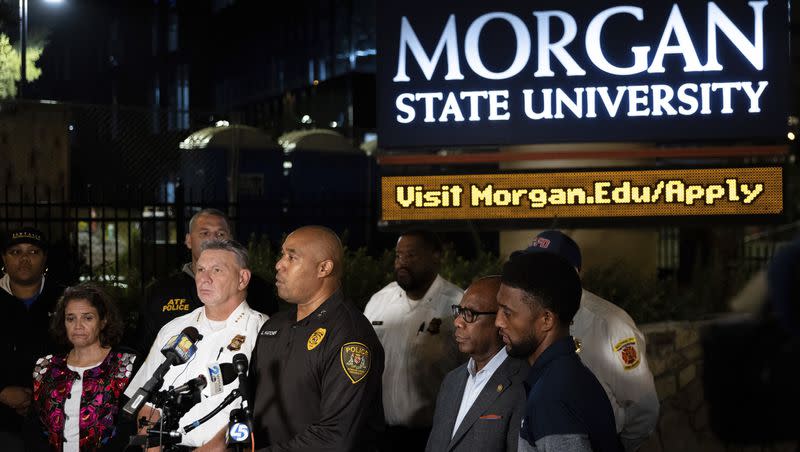 Morgan State University Police Chief Lance Hatcher speaks at a news conference after a shooting on campus, Wednesday, Oct. 4, 2023, in Baltimore. Multiple people were wounded, none critically, in a shooting that interrupted a homecoming week celebration at the university in Baltimore on Tuesday and prompted an hourslong lockdown of the historically Black college. 