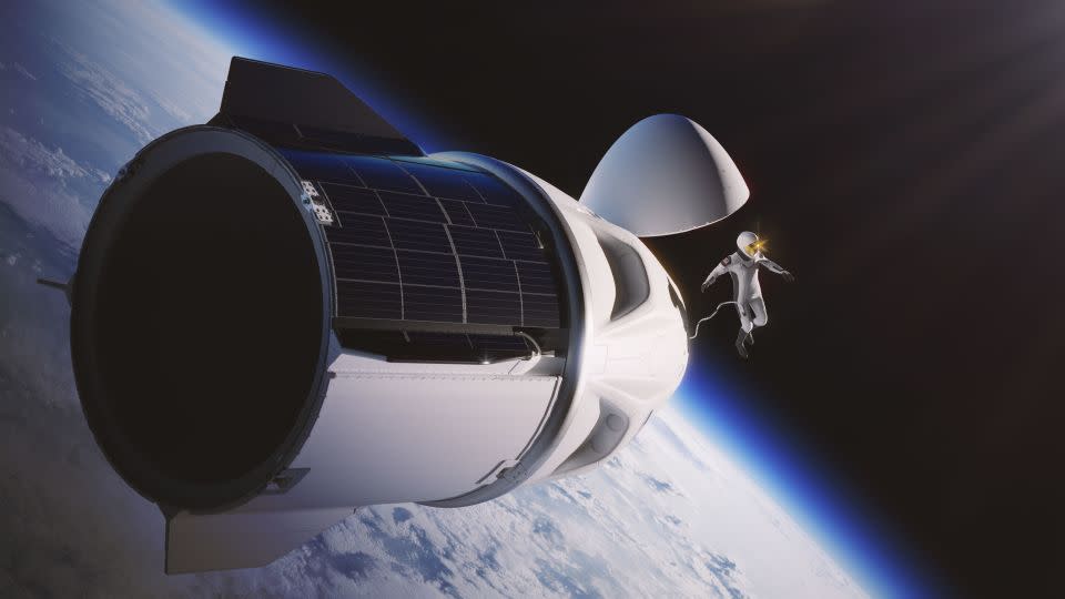 An artist's rendering of the Polaris Dawn mission shows a crewmember floating outside the Crew Dragon capsule, attached to an umbilical cord for life support. - Polaris via X