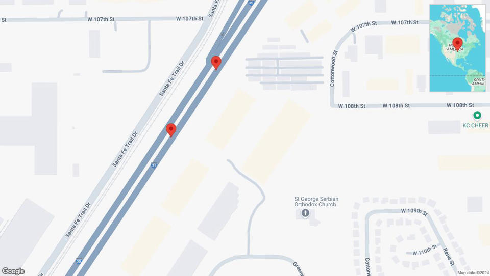 A detailed map that shows the affected road due to 'Broken down vehicle on eastbound I-35 in Lenexa' on September 18th at 1:55 a.m.