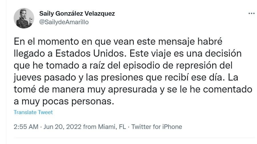 古巴反對派人士龔薩雷茲(Saily Gonzalez)，19日在推特宣佈她已經到了美國。(圖:推特)