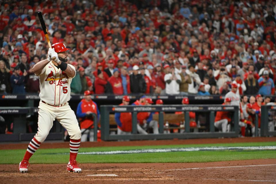 Cardinals designated hitter Albert Pujols awaits a pitch in the eighth inning.