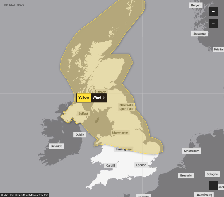 Met Office weather warnings for wind in place for the whole of Scotland and northern England for Thursday 21 December. (Met Office)