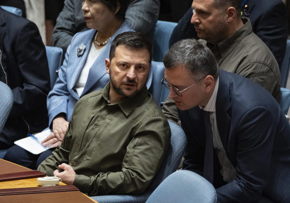 Ukrainian President Volodymyr Zelenskyy attends a high level Security Council meeting during the 78th session of the United Nations General Assembly at U.N. headquarters, Wednesday, Sept. 20, 2023. (AP Photo/Craig Ruttle)