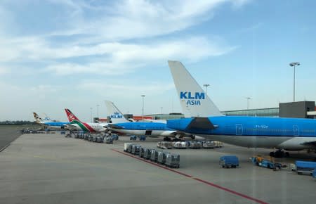 Aircrafts are seen on the tarmac at Amsterdam Schiphol airport