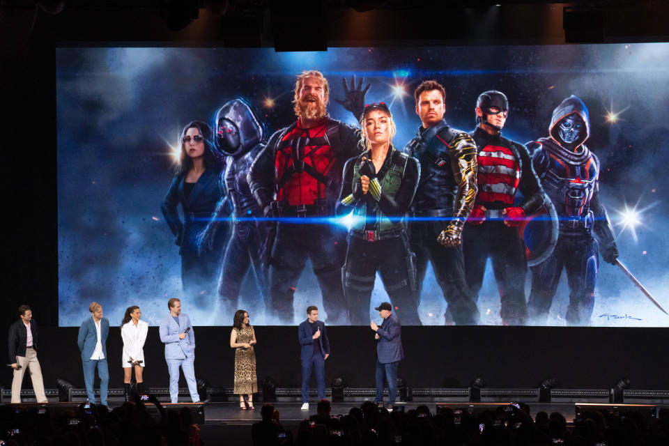 (L-R) Sebastian Stan, Wyatt Russell, Hannah John-Kamen, David Harbour, Julia Louis-Dreyfus, Jake Scheier, and Kevin Feige at D23 in 2022 presenting <i>The Thunderbolts</i><span class="copyright">The Walt Disney Company via Getty Images</span>