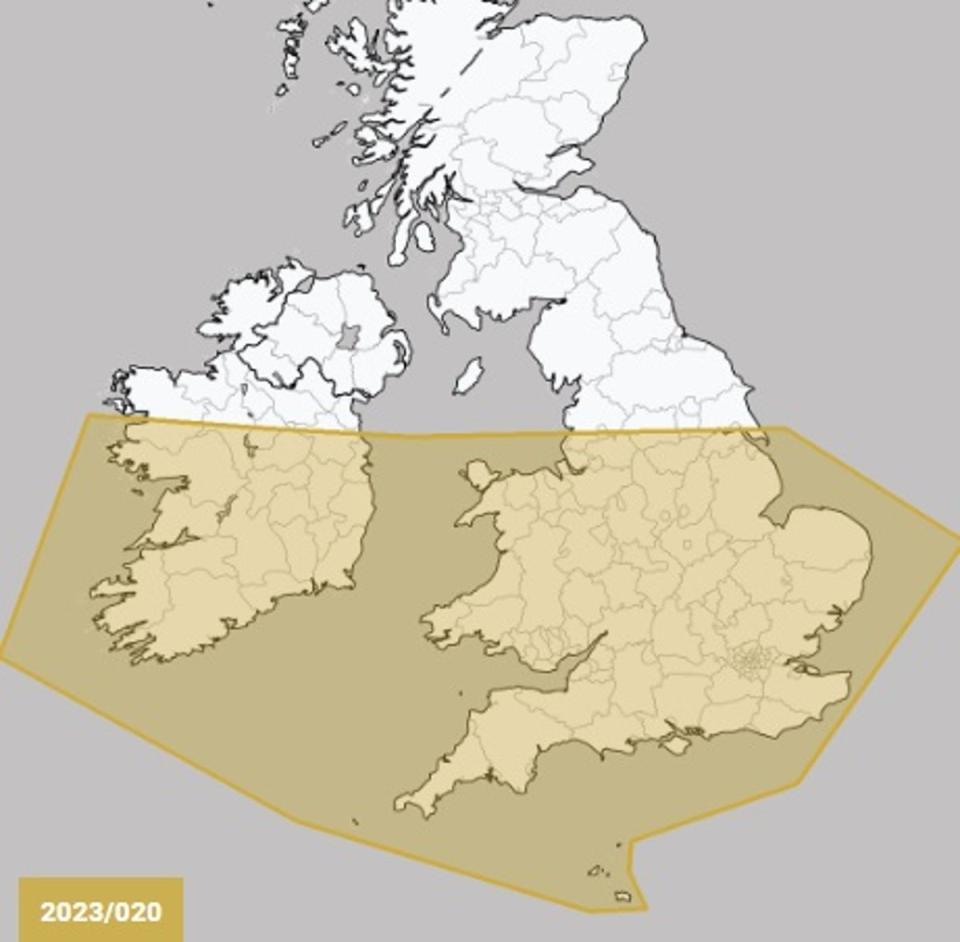 The region in the UK and Ireland where there is a risk of isolated tornadoes, according to the Tornado and Storm Research Organisation (The Tornado and Storm Research Organisation)