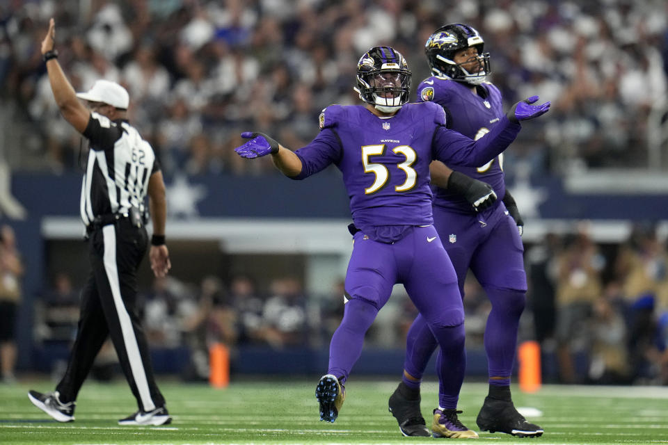 Baltimore Ravens linebacker Kyle Van Noy (53) celebrates after sacking Dallas Cowboys quarterback Dak Prescott in the second half of an NFL football game in Arlington, Texas, Sunday, Sept. 22, 2024. (AP Photo/Julio Cortez)