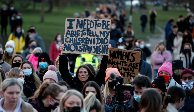 People gather in Clapham Common, in memory of Sarah Everard. (Photo: via Associated Press)