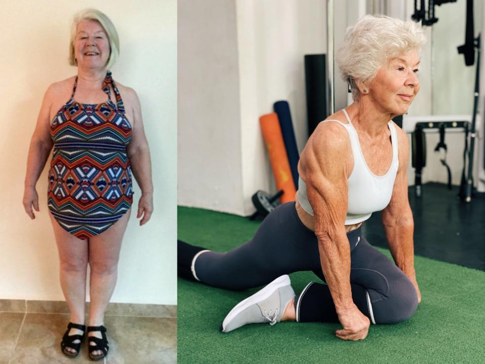 Composite image of Joan MacDonald before her weight loss, in a swimming costume, and MacDonald after her weight loss, stretching in pigeon pose and wearing gym clothes.