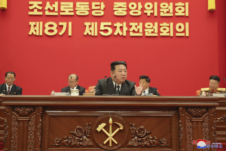 In this photo provided on Saturday, June 11, 2022 by the North Korean government, North Korean leader Kim Jong Un, center, attends a plenary meeting of the ruling Workers’ Party’s Central Committee held during June 8 - June 10, 2022 in Pyongyang, North Korea. Independent journalists were not given access to cover the event depicted in this image distributed by the North Korean government. The content of this image is as provided and cannot be independently verified. Korean language watermark on image as provided by source reads: "KCNA" which is the abbreviation for Korean Central News Agency. (Korean Central News Agency/Korea News Service via AP)