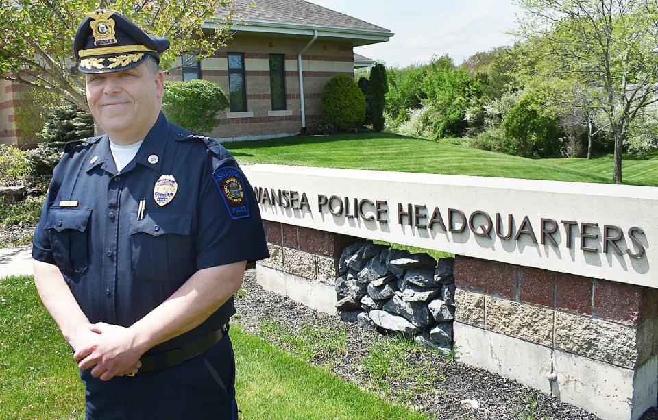 Swansea chief of police Mark Foley stands in front of police headquarters on Friday, May 17, 2024.